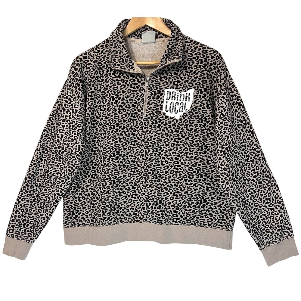 Ohio State Graphic "Drink Local"Women's Leopard‎ Sweatshirt Quarter Zip Size L